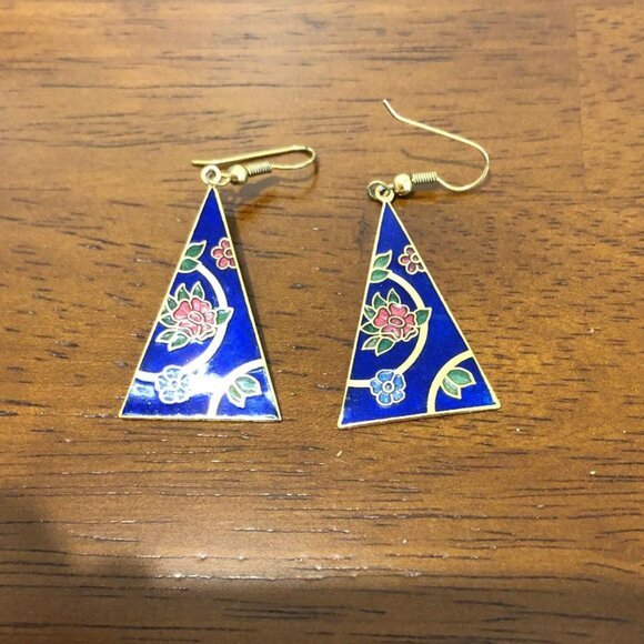 Triangle Floral Blue Dangle Earrings. - Picture 8 of 10